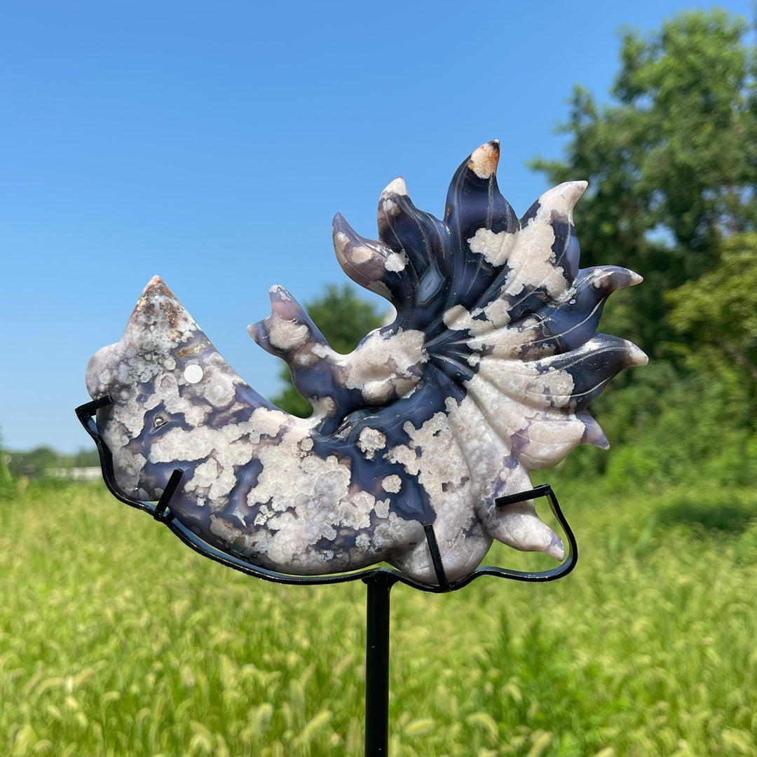 Unique,A Slightly Imperfect Blue Flower Agate Nine‑Tailed Fox With Stand