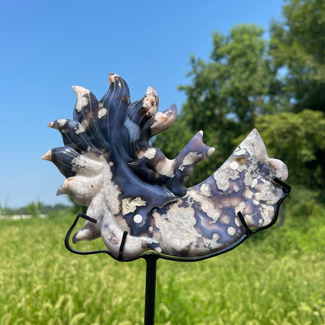 Unique,A Slightly Imperfect Blue Flower Agate Nine‑Tailed Fox With Stand