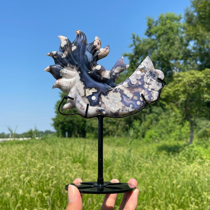 Unique,A Slightly Imperfect Blue Flower Agate Nine‑Tailed Fox With Stand