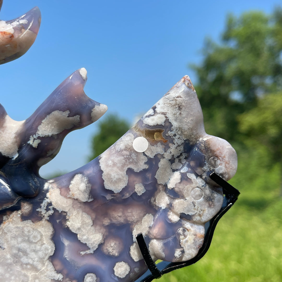 Unique,A Slightly Imperfect Blue Flower Agate Nine‑Tailed Fox With Stand