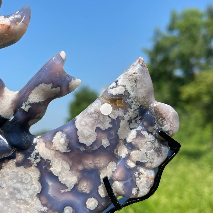 Unique,A Slightly Imperfect Blue Flower Agate Nine‑Tailed Fox With Stand