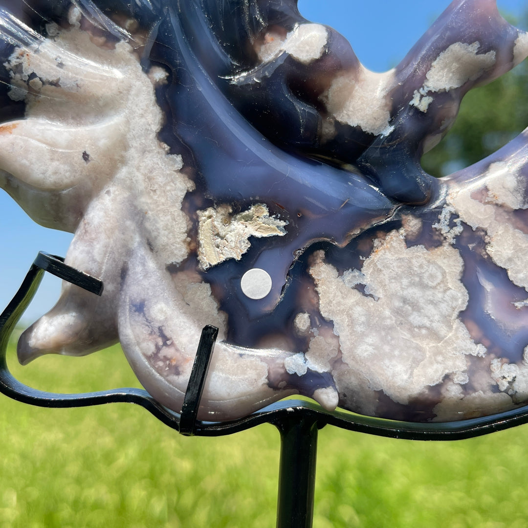 Unique,A Slightly Imperfect Blue Flower Agate Nine‑Tailed Fox With Stand