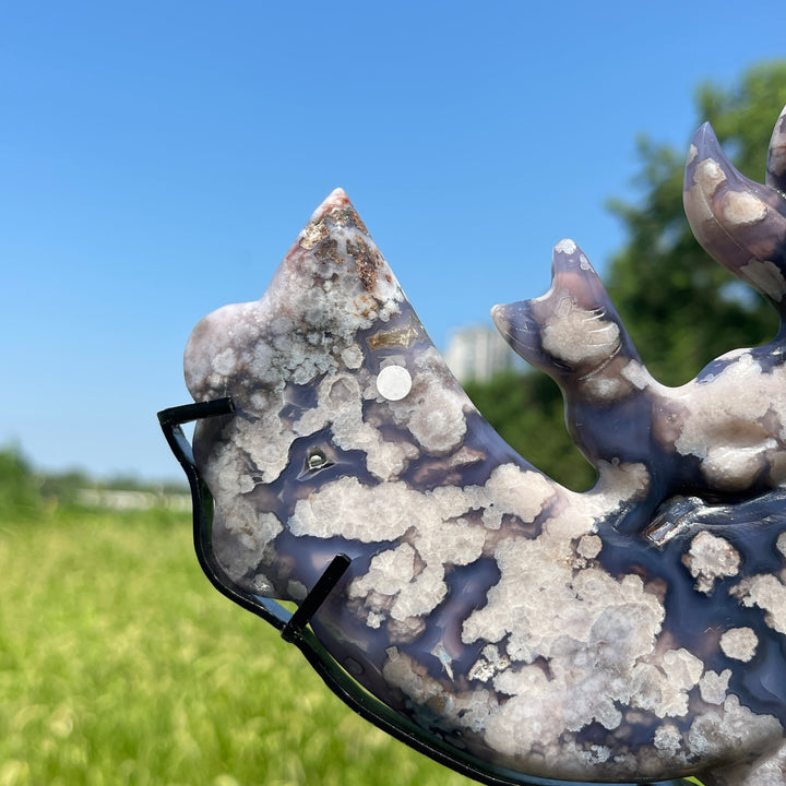 Unique,A Slightly Imperfect Blue Flower Agate Nine‑Tailed Fox With Stand