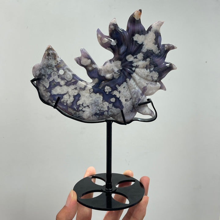 Unique,A Slightly Imperfect Blue Flower Agate Nine‑Tailed Fox With Stand
