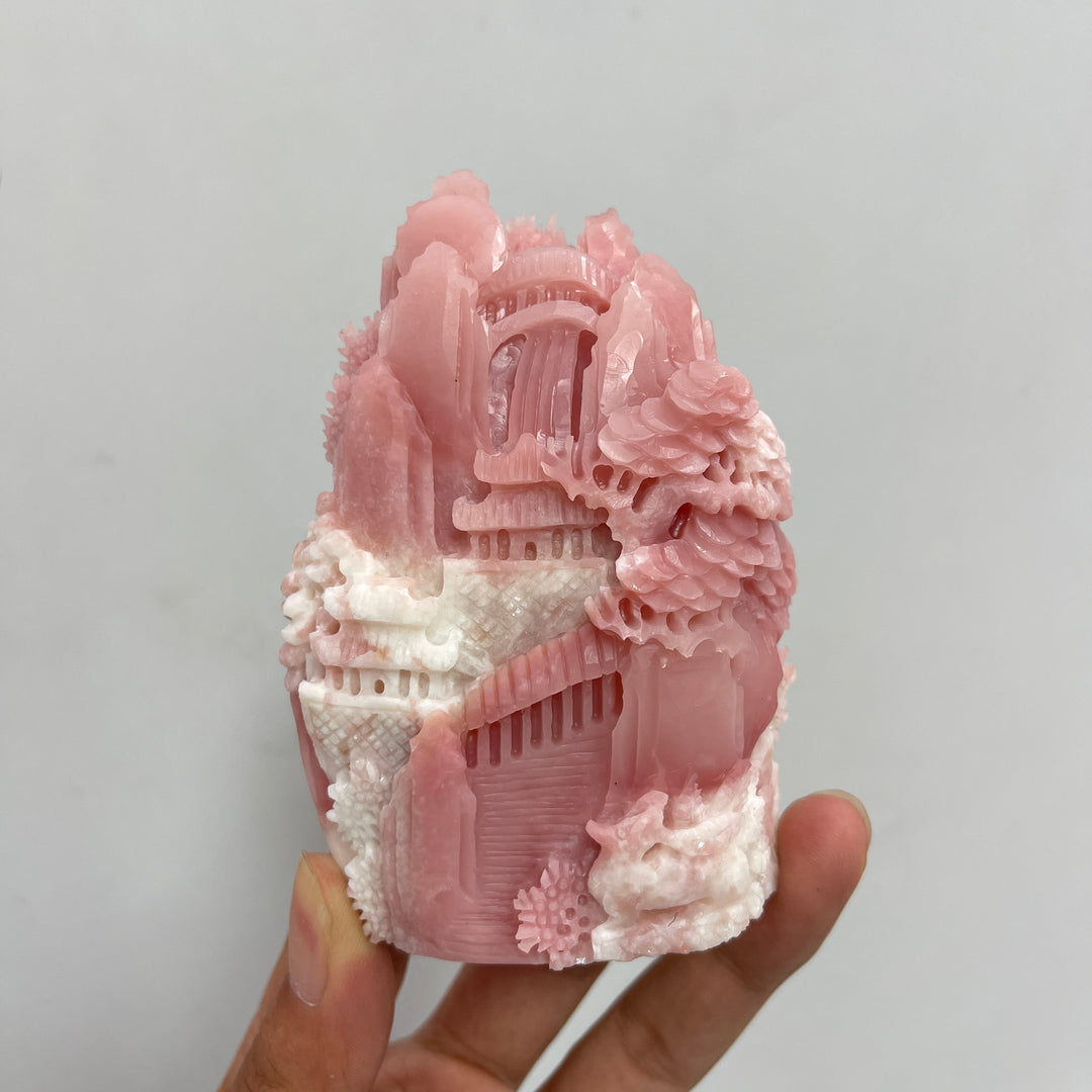 Unique,Natural Crystal Carving Pink Opal Landscape With Fox