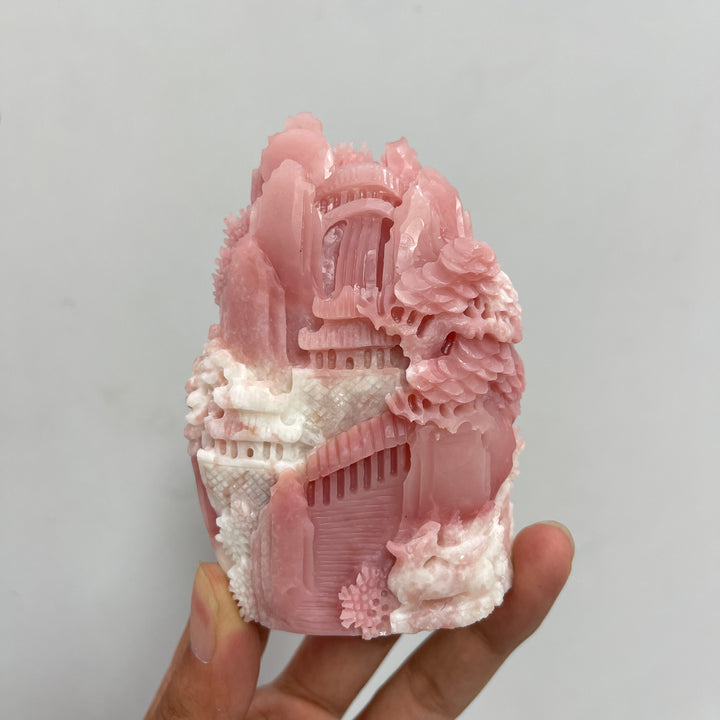 Unique,Natural Crystal Carving Pink Opal Landscape With Fox