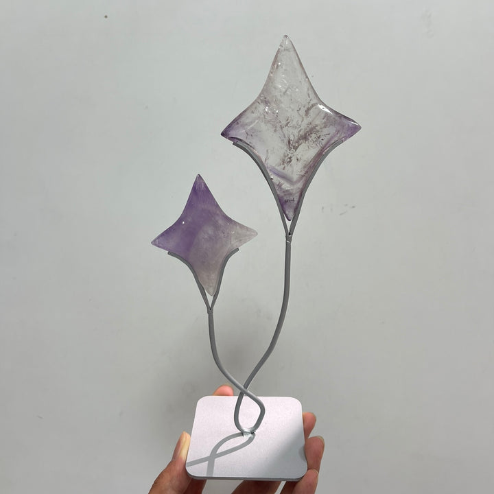 Unique,A Slightly Imperfect Natural Crystal Twin Star Carving With Stand
