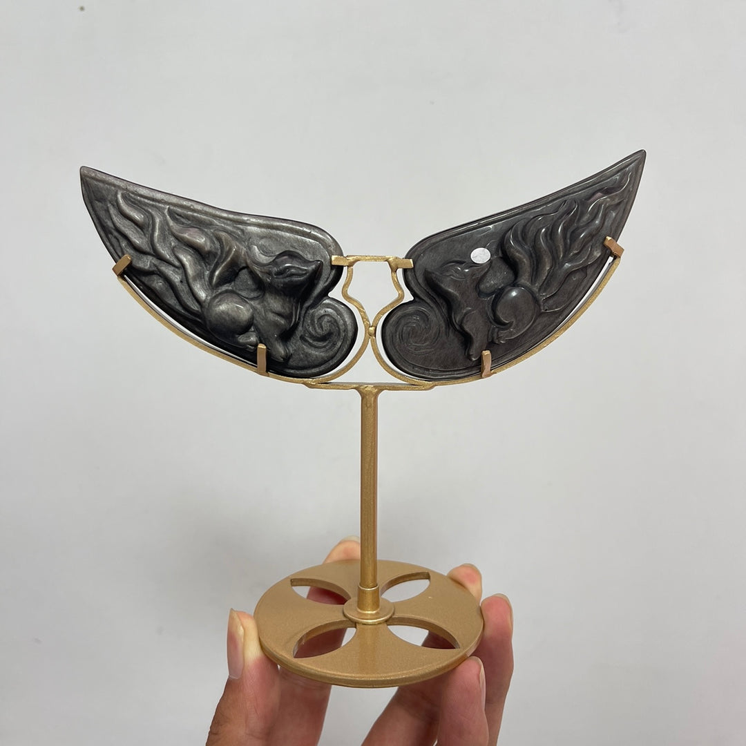 A Slightly Imperfect Natural Silver Obsidian Nine‑Tailed Fox Wings With Stand