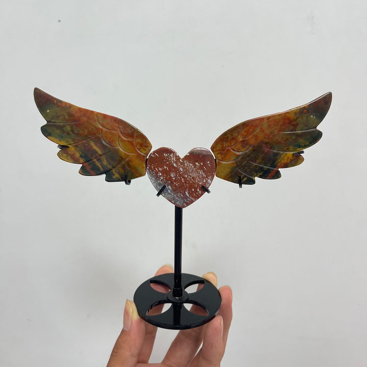 Unique,A Slightly Imperfect Natural Crystal Ocean Jasper Heart Butterfly Wings With Stand