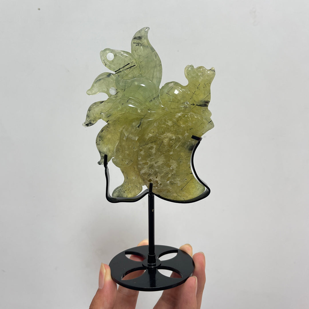 Unique,A Slightly Imperfect Natural Crystal Prehnite Nine Tailed Fox Carving With Stand