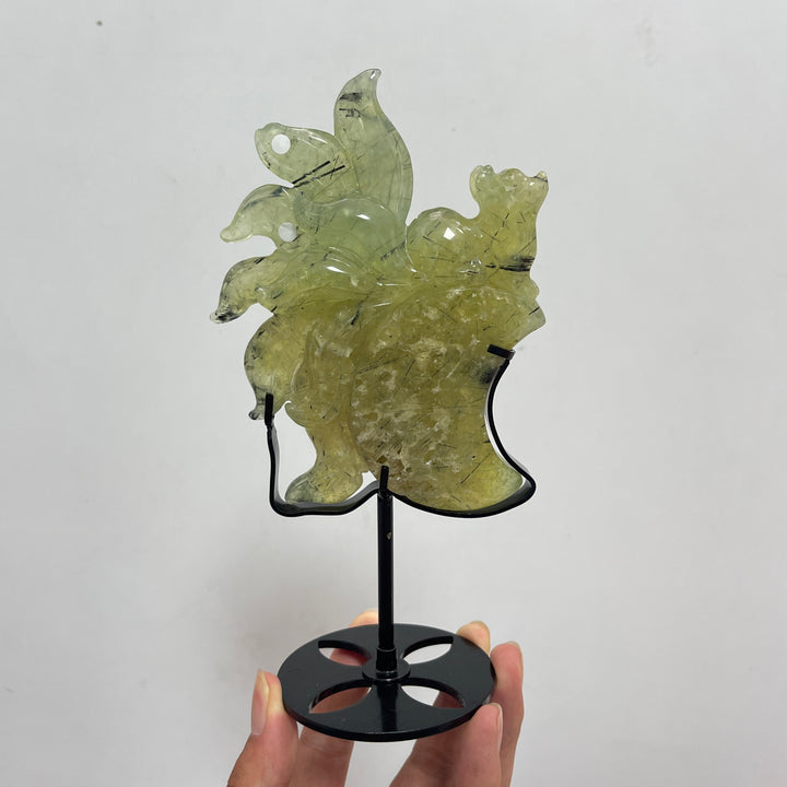 Unique,A Slightly Imperfect Natural Crystal Prehnite Nine Tailed Fox Carving With Stand