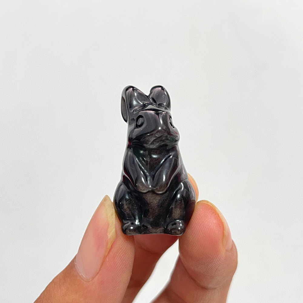 Natural Crystal Silver Obsidian Standing Rabbit Carving