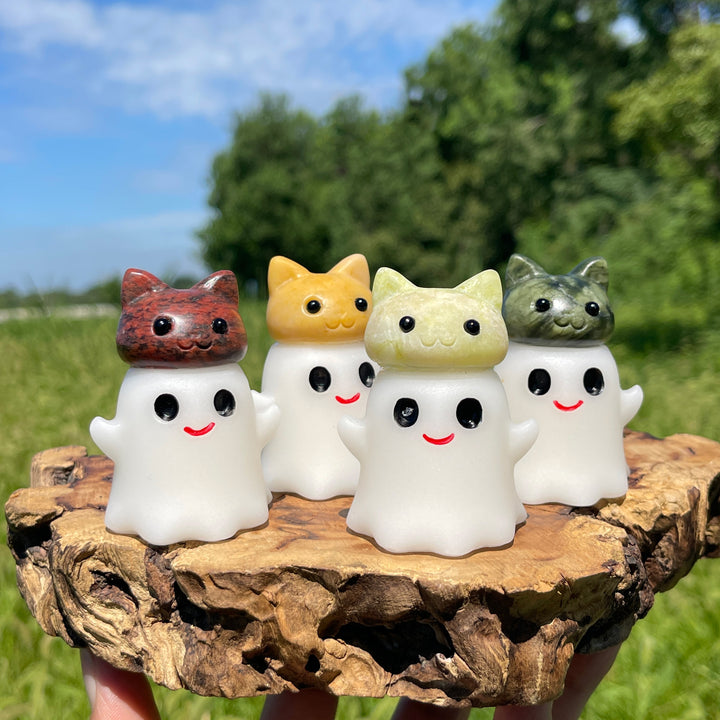 Natural Crystal Ghost Bun Cat Carving