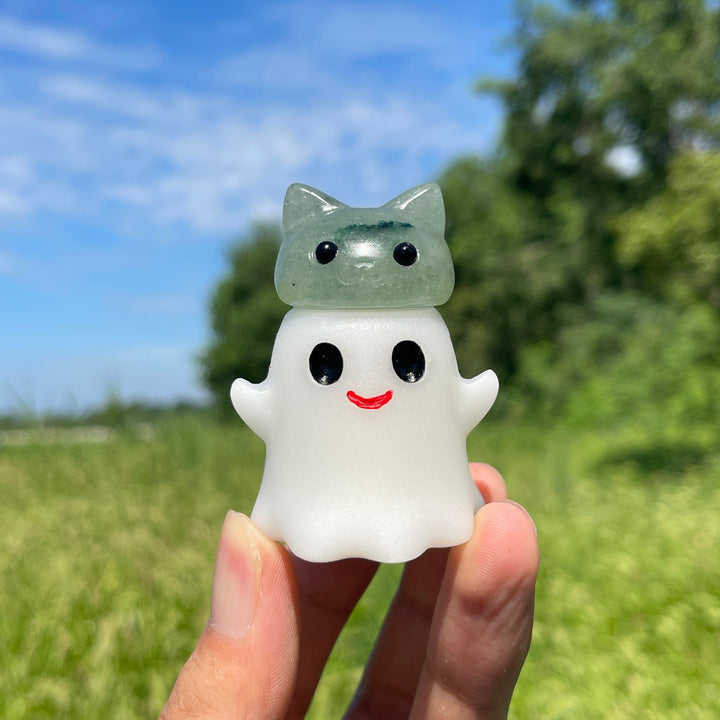 Natural Crystal Ghost Bun Cat Carving