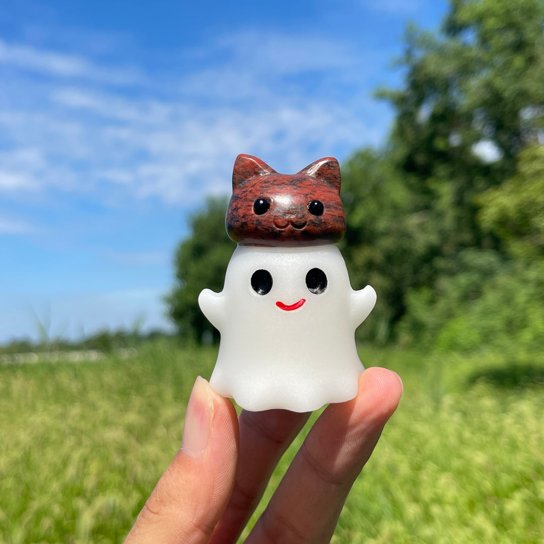 Natural Crystal Ghost Bun Cat Carving