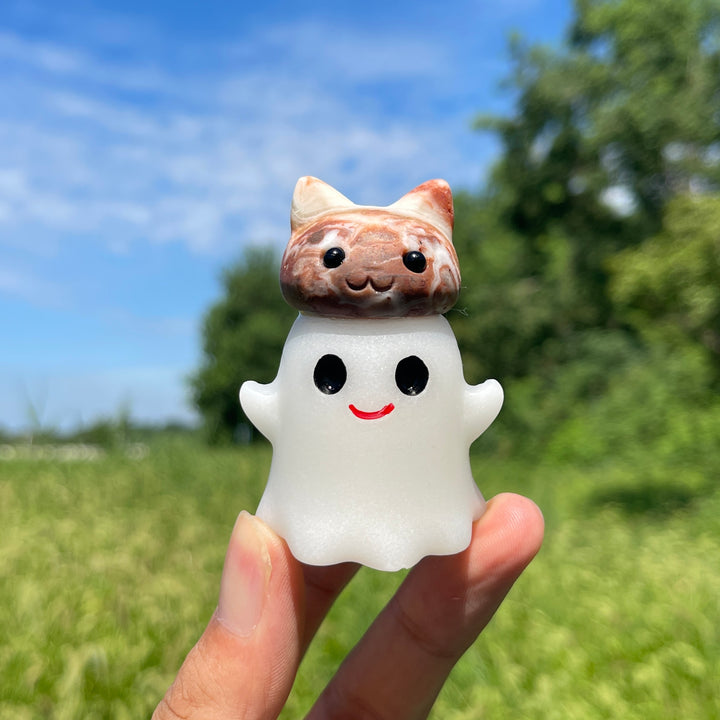 Natural Crystal Ghost Bun Cat Carving