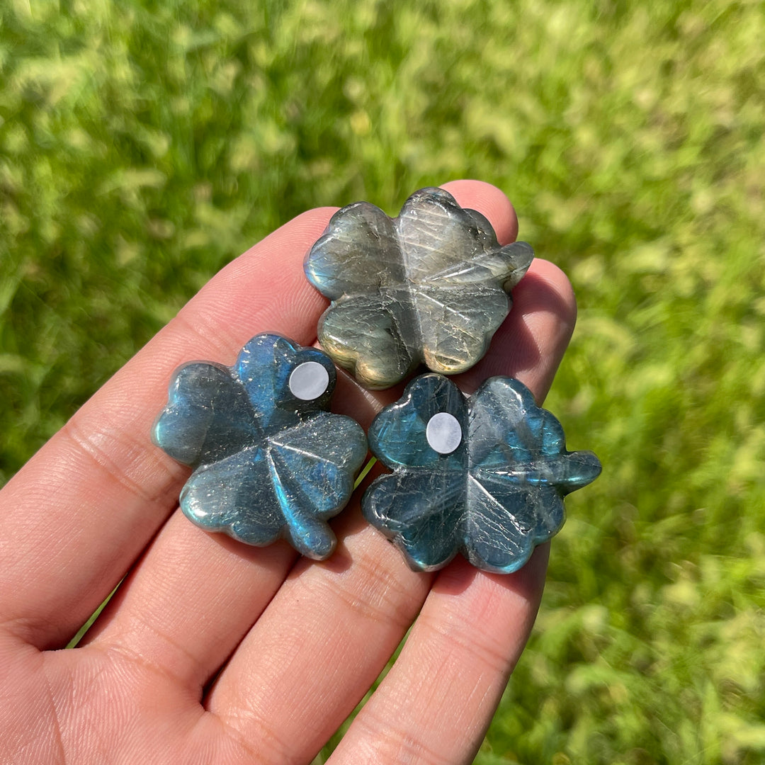 A Slightly Imperfect Natural Labradorite Four Leaf Clover Carving