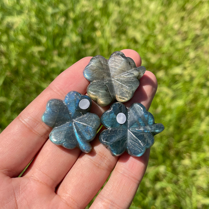 A Slightly Imperfect Natural Labradorite Four Leaf Clover Carving