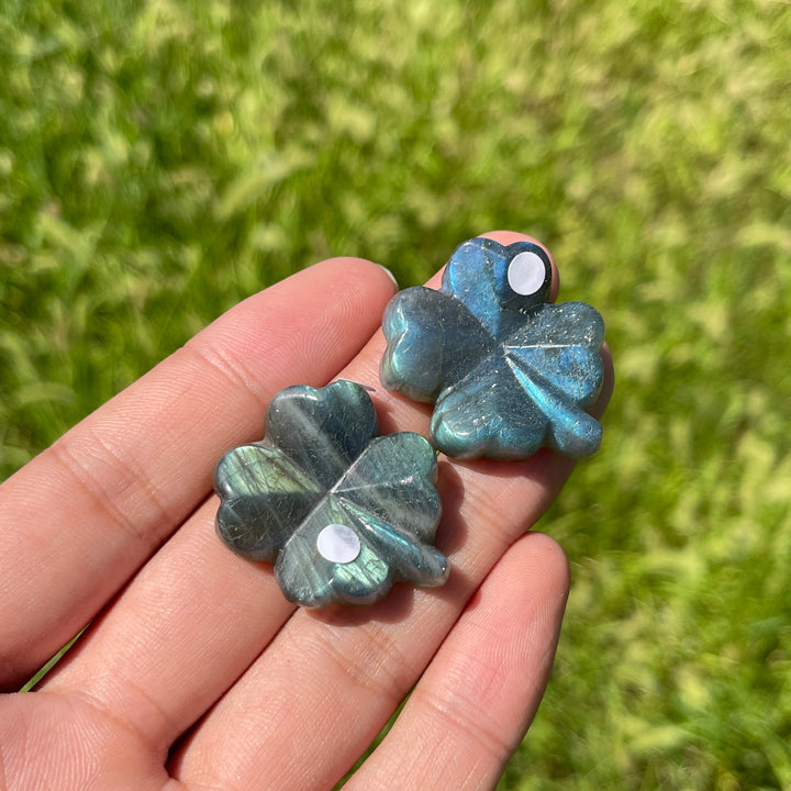 A Slightly Imperfect Natural Labradorite Four Leaf Clover Carving