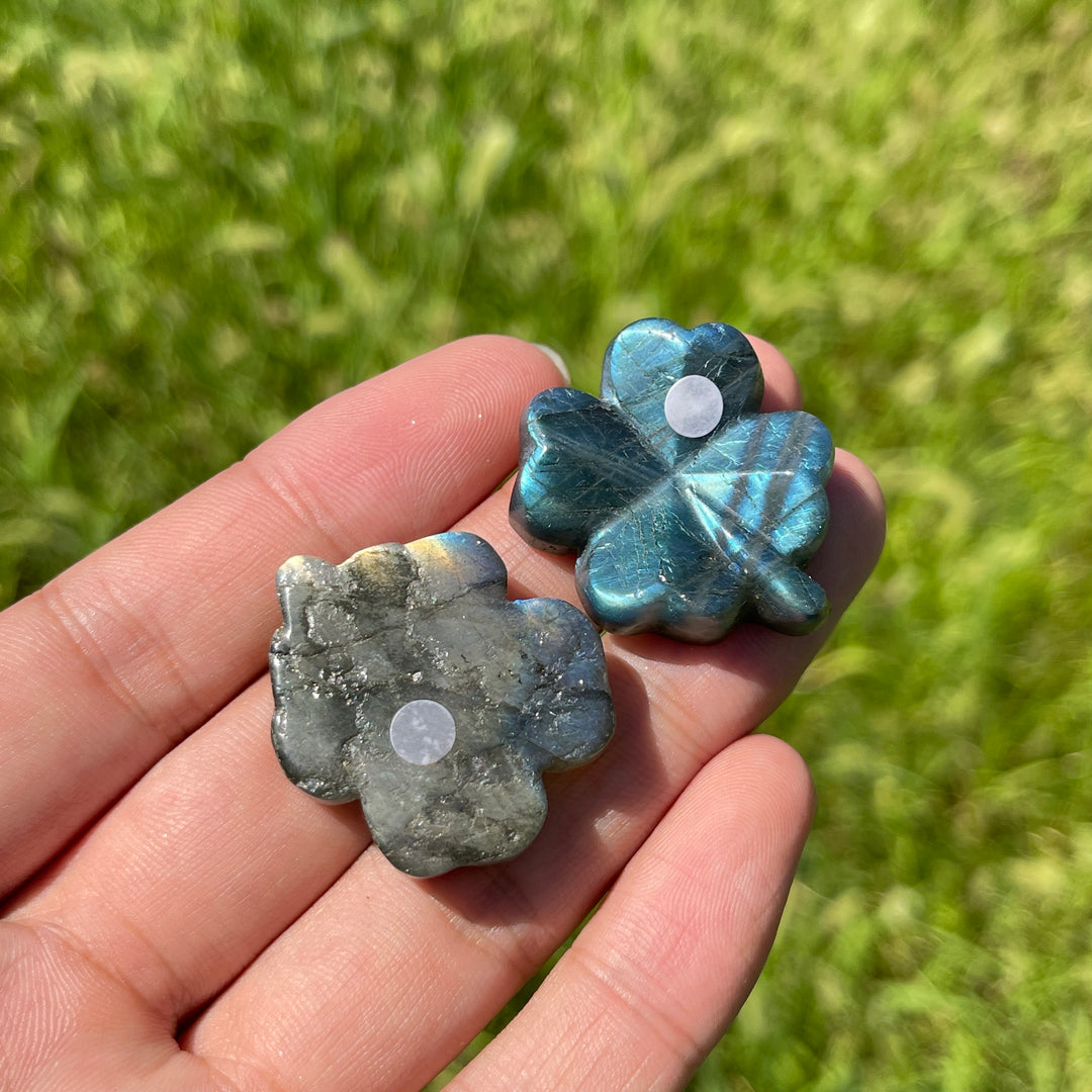 A Slightly Imperfect Natural Labradorite Four Leaf Clover Carving