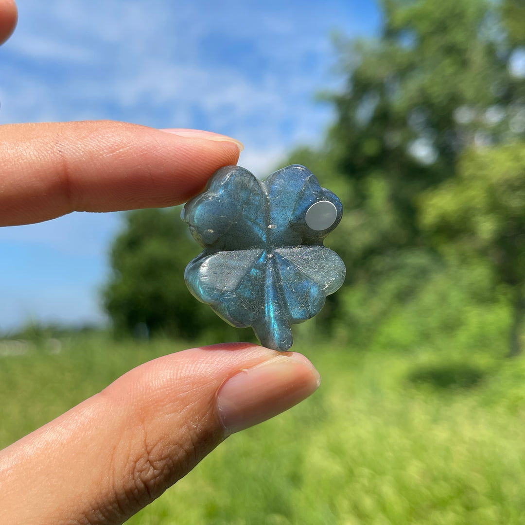 A Slightly Imperfect Natural Labradorite Four Leaf Clover Carving
