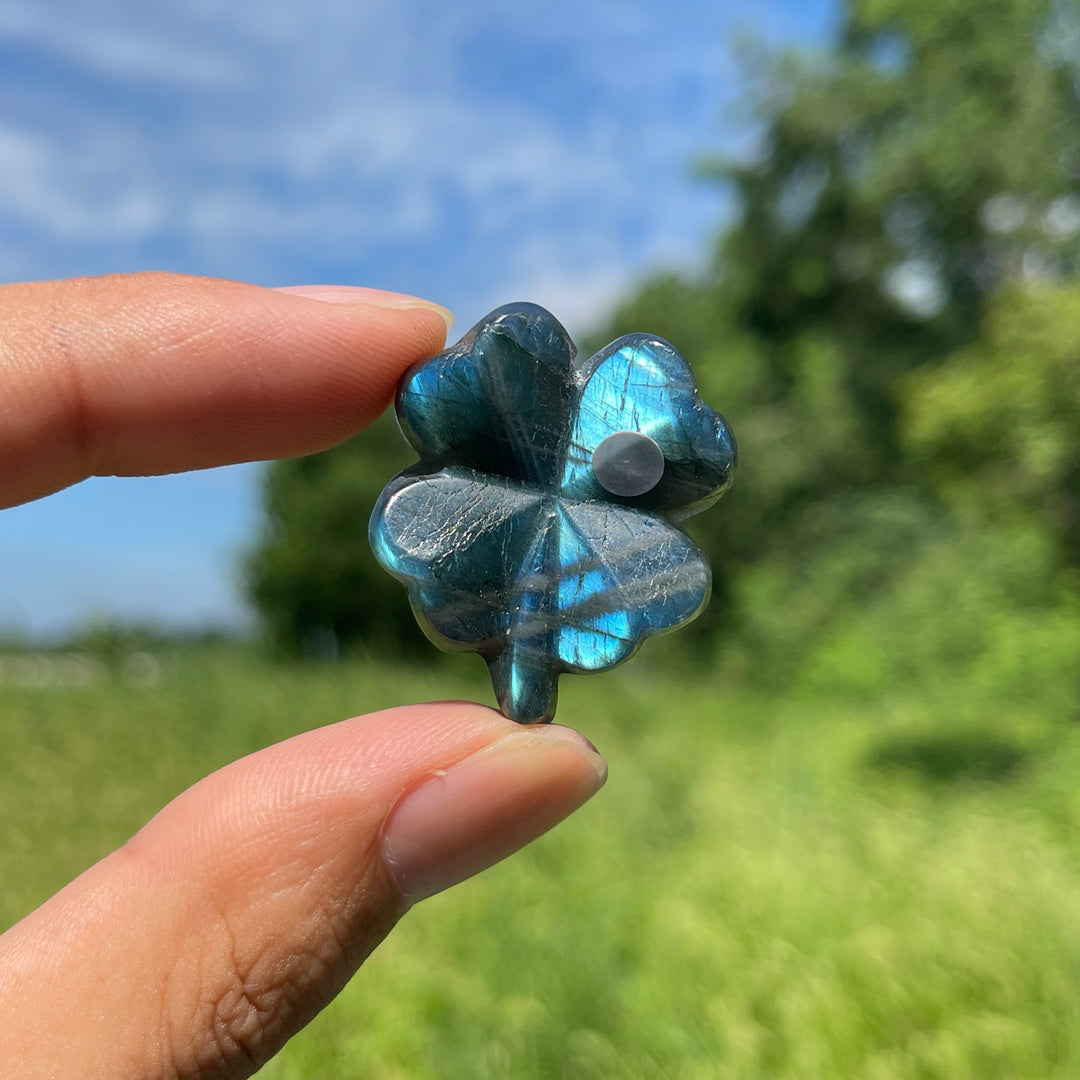 A Slightly Imperfect Natural Labradorite Four Leaf Clover Carving