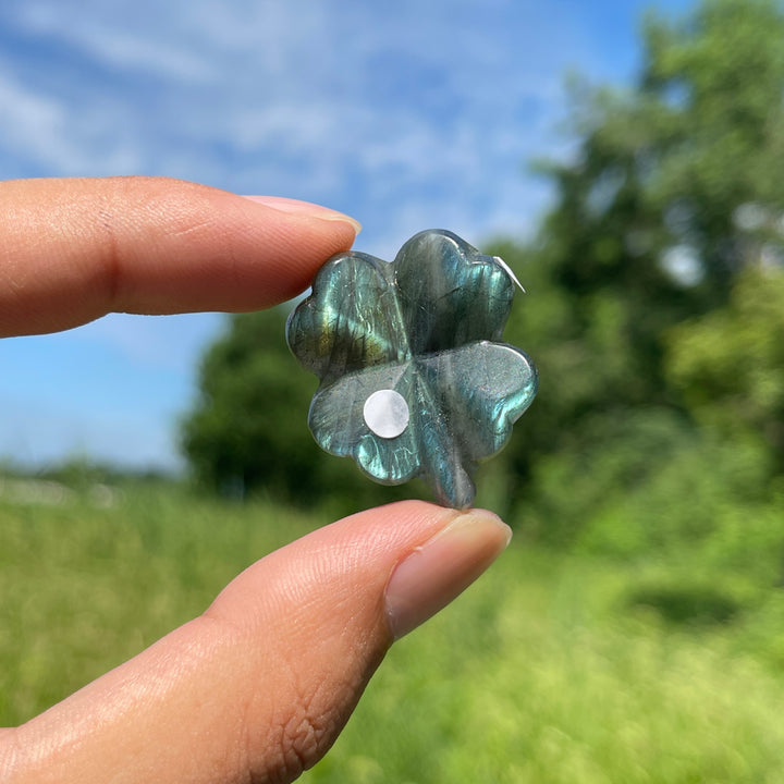 A Slightly Imperfect Natural Labradorite Four Leaf Clover Carving