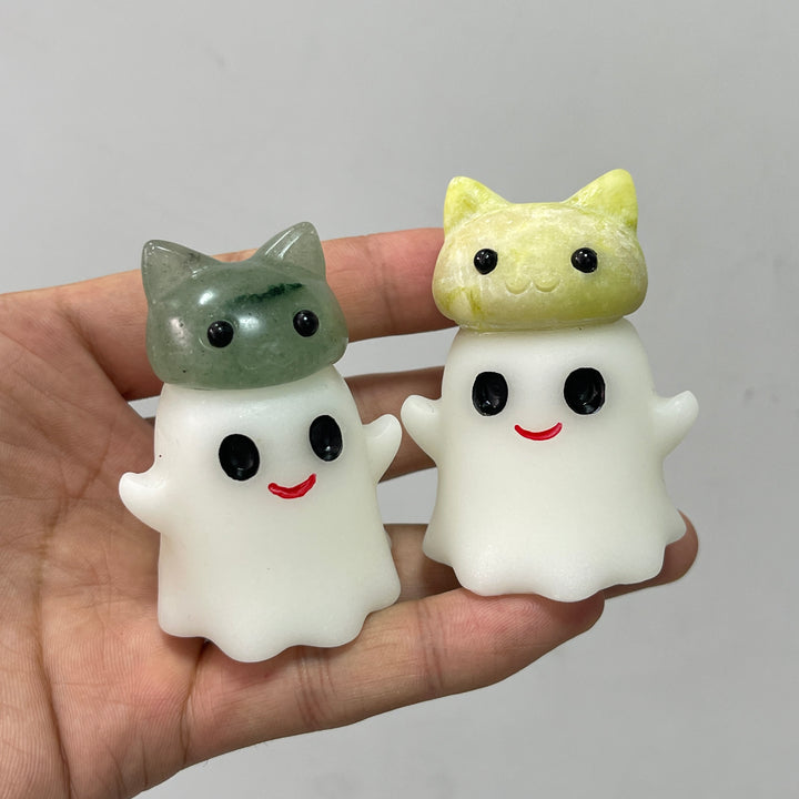 Natural Crystal Ghost Bun Cat Carving