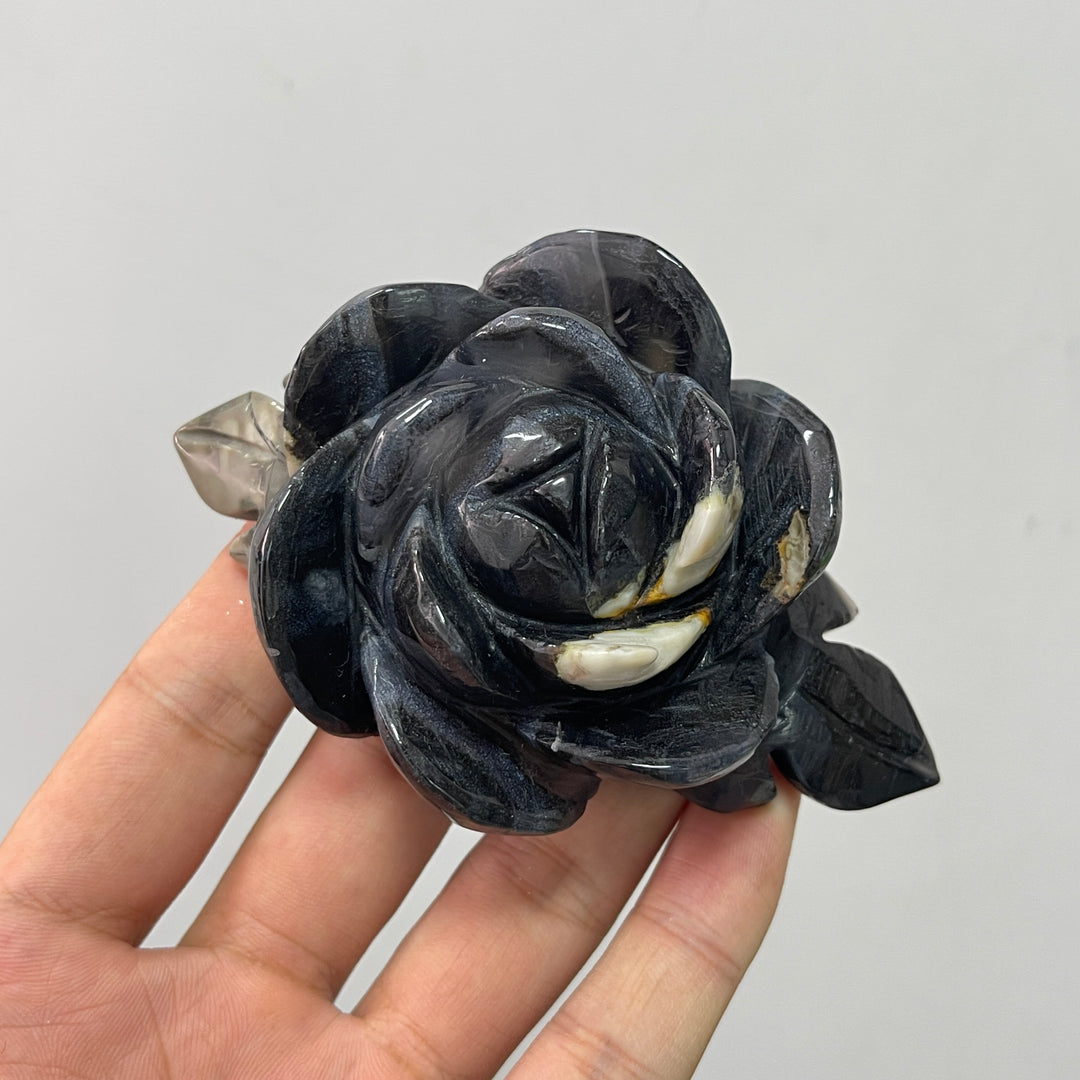 Unique,Natural Crystal Volcanic Agate Peony Flower Carving