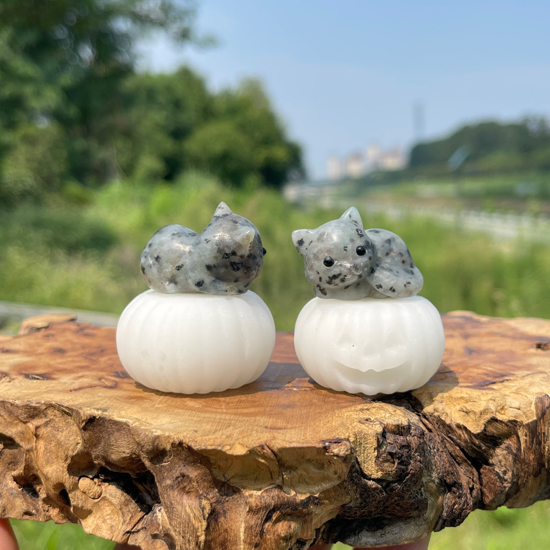 Natural Crystal Pumpkin Lying Cat Carving
