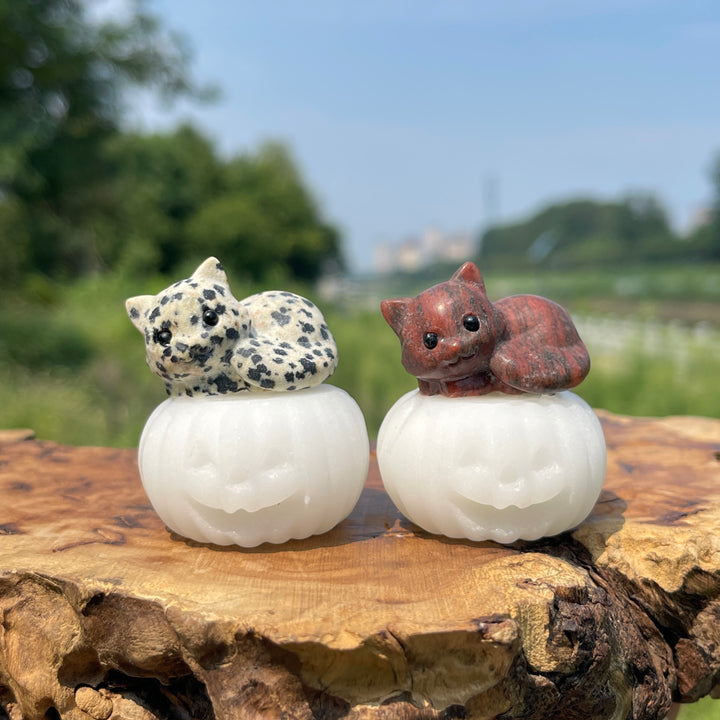 Natural Crystal Pumpkin Lying Cat Carving