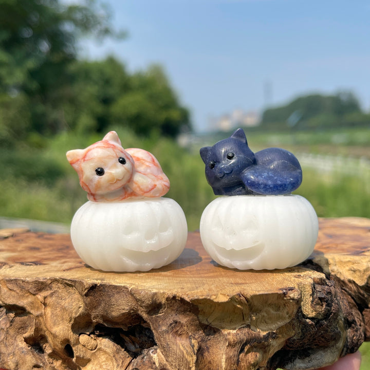 Natural Crystal Pumpkin Lying Cat Carving