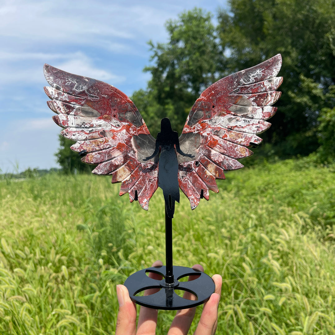 Unique,Natural Crystal Mexican Agate Wings With Stand