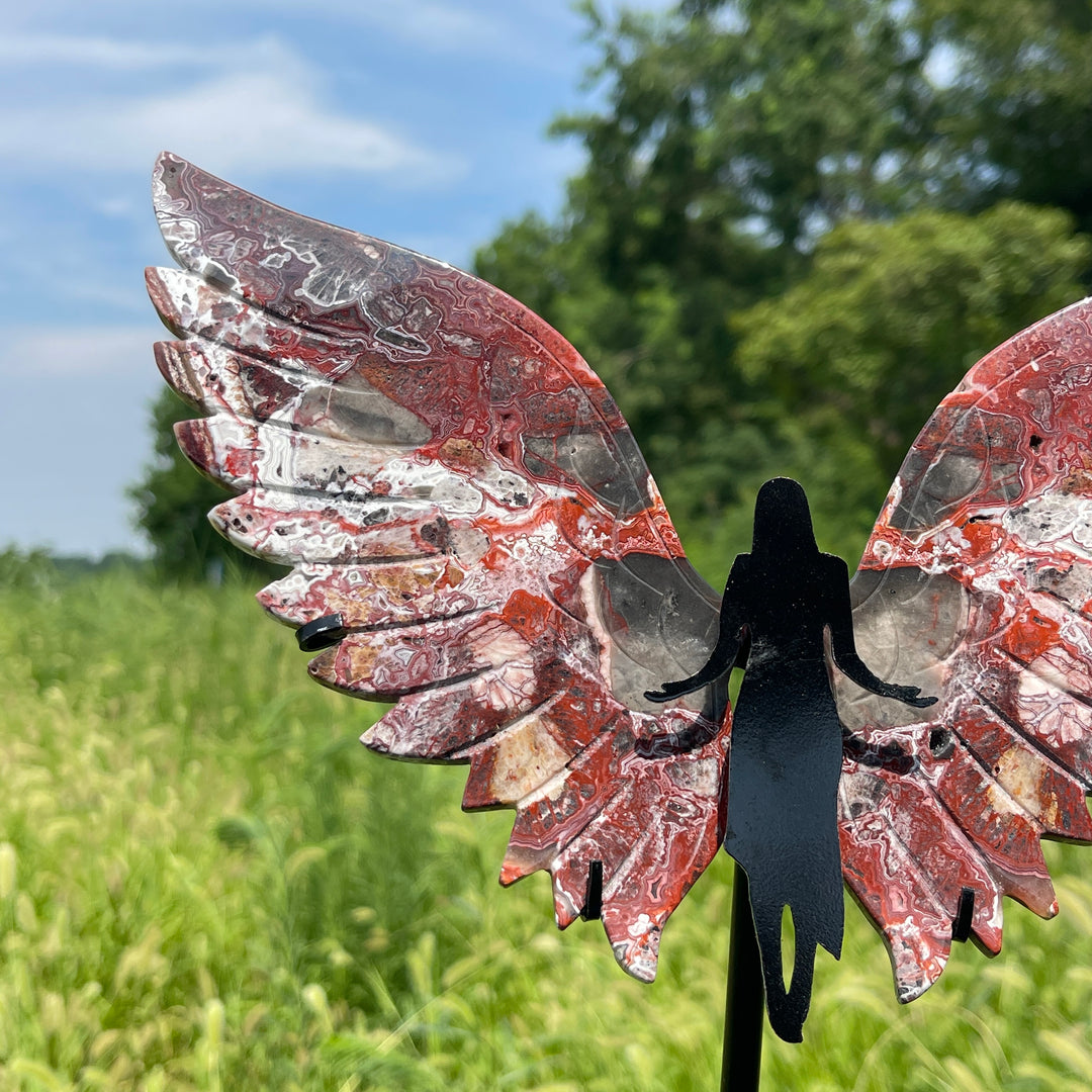 Unique,Natural Crystal Mexican Agate Wings With Stand