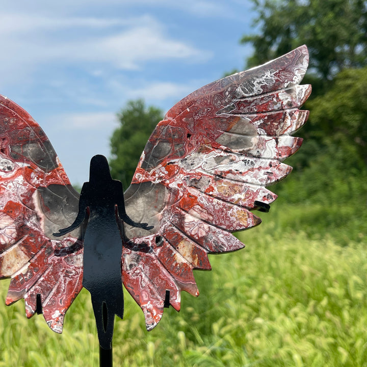 Unique,Natural Crystal Mexican Agate Wings With Stand