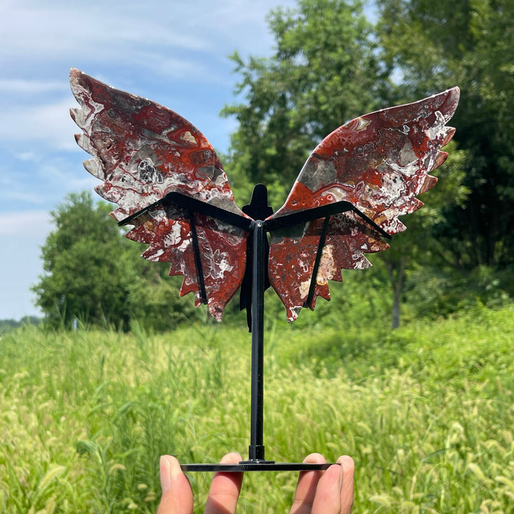 Unique,Natural Crystal Mexican Agate Wings With Stand