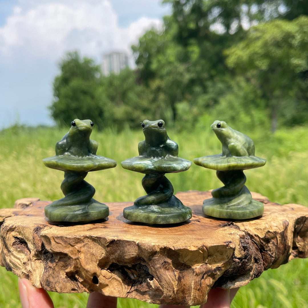 Natural Crystal Serpentine Frog Sitting On Platform