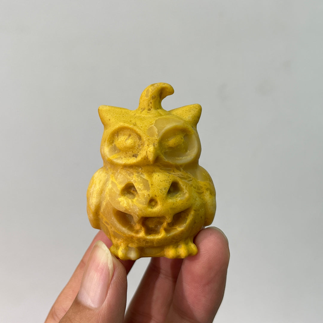 Natural Crystal Hat Wearing Pumpkin Owl Carving
