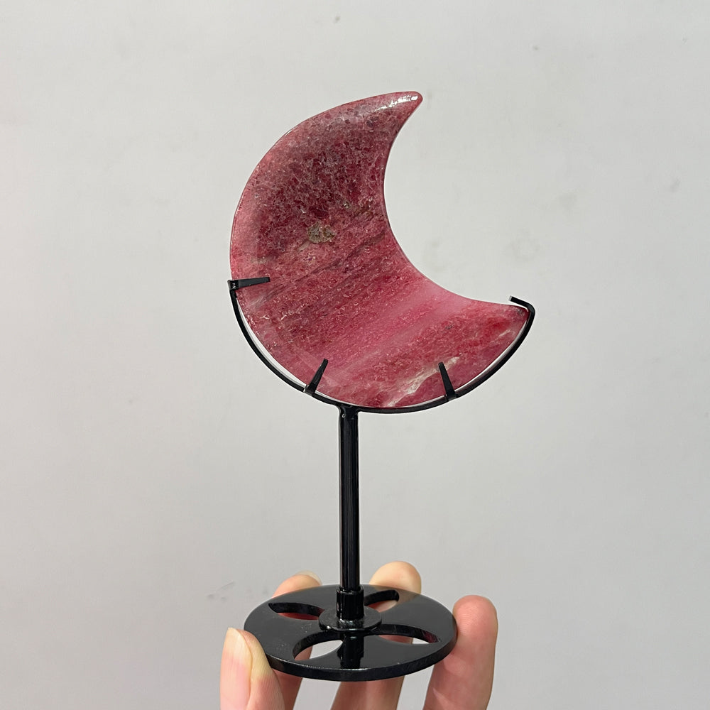 Unique,Natural Crystal Rhodonite In Quartz Moon With Stand