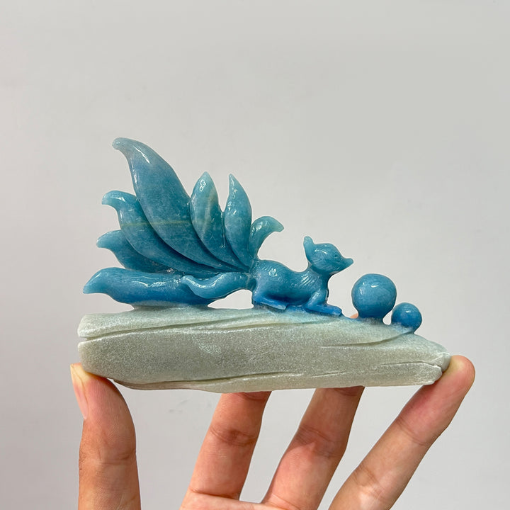 Unique,Natural Crystal Carving Cute Trolleite Nine‑Tailed Fox