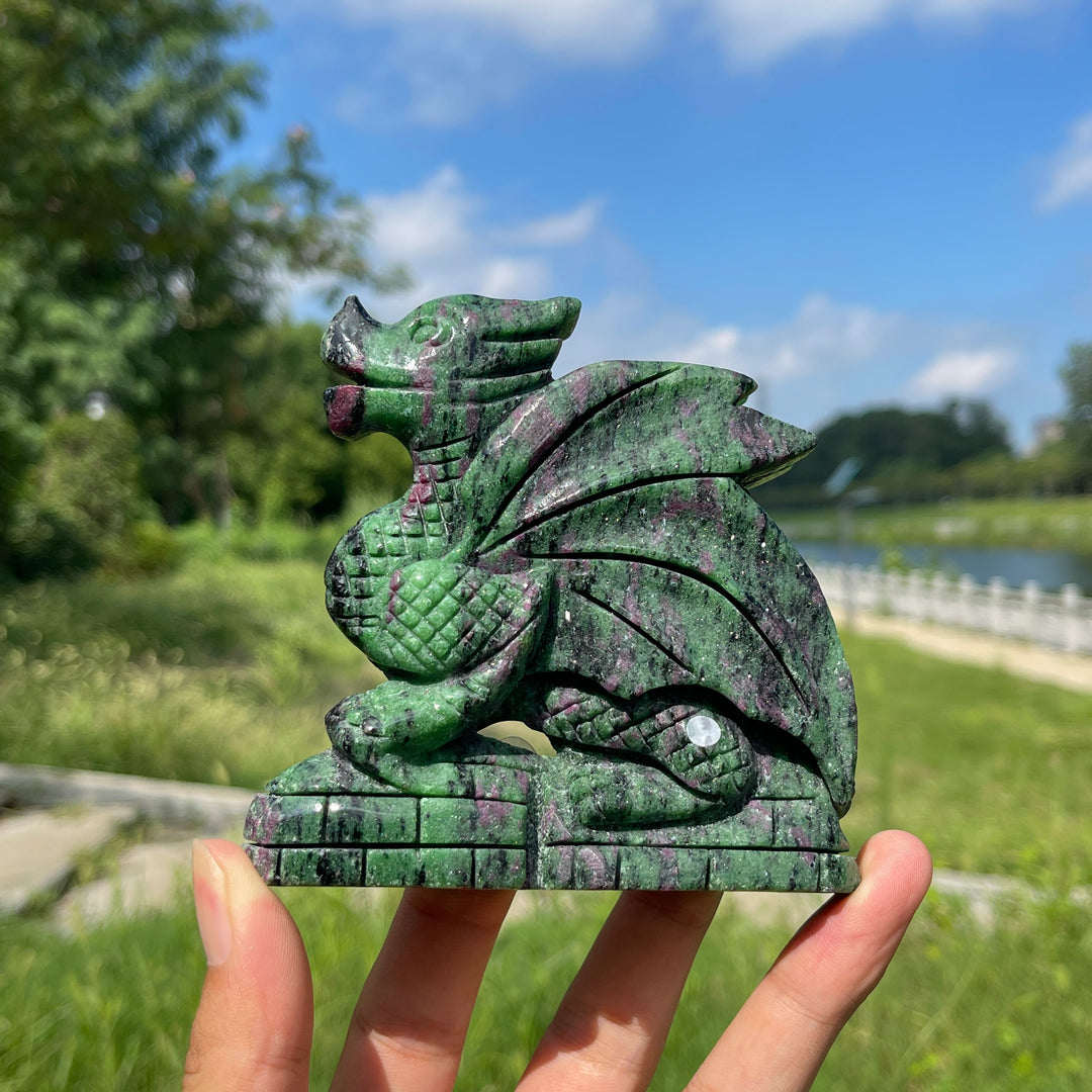 Unique,A Slightly Imperfect Natural Crystal Ruby In Zoisite Flying Dragon Carving