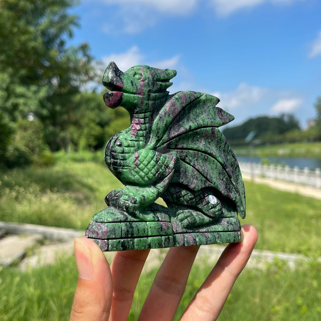 Unique,A Slightly Imperfect Natural Crystal Ruby In Zoisite Flying Dragon Carving