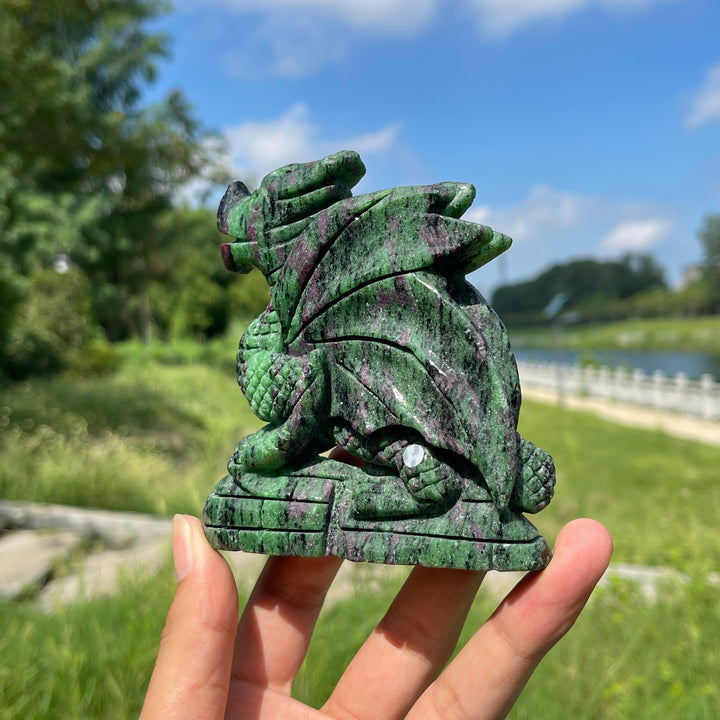 Unique,A Slightly Imperfect Natural Crystal Ruby In Zoisite Flying Dragon Carving