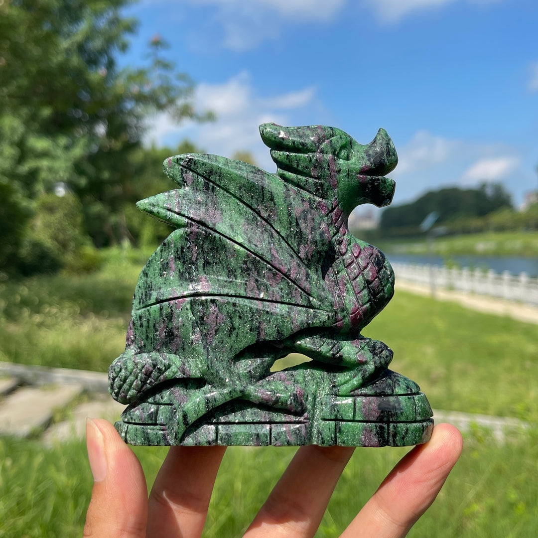 Unique,A Slightly Imperfect Natural Crystal Ruby In Zoisite Flying Dragon Carving