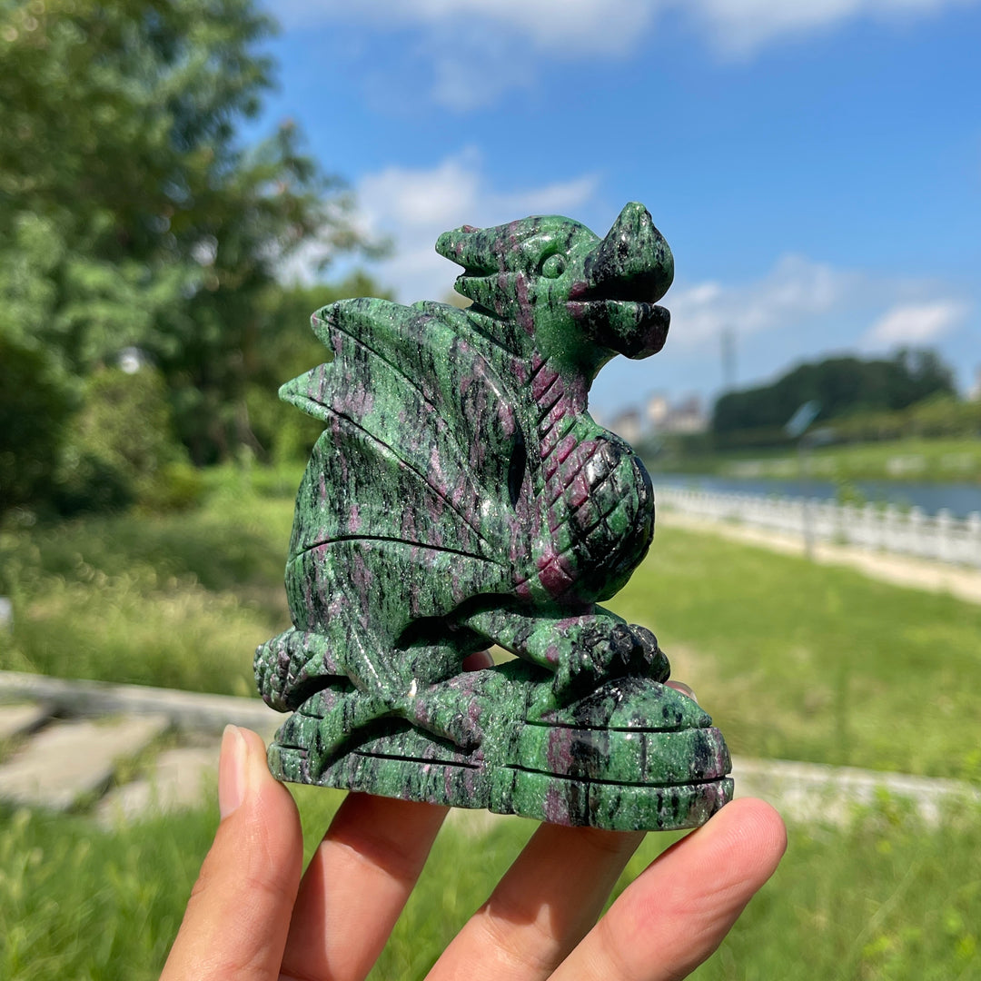Unique,A Slightly Imperfect Natural Crystal Ruby In Zoisite Flying Dragon Carving