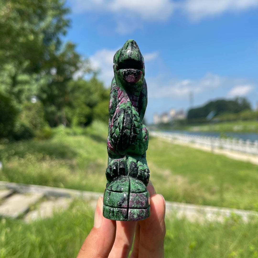 Unique,A Slightly Imperfect Natural Crystal Ruby In Zoisite Flying Dragon Carving