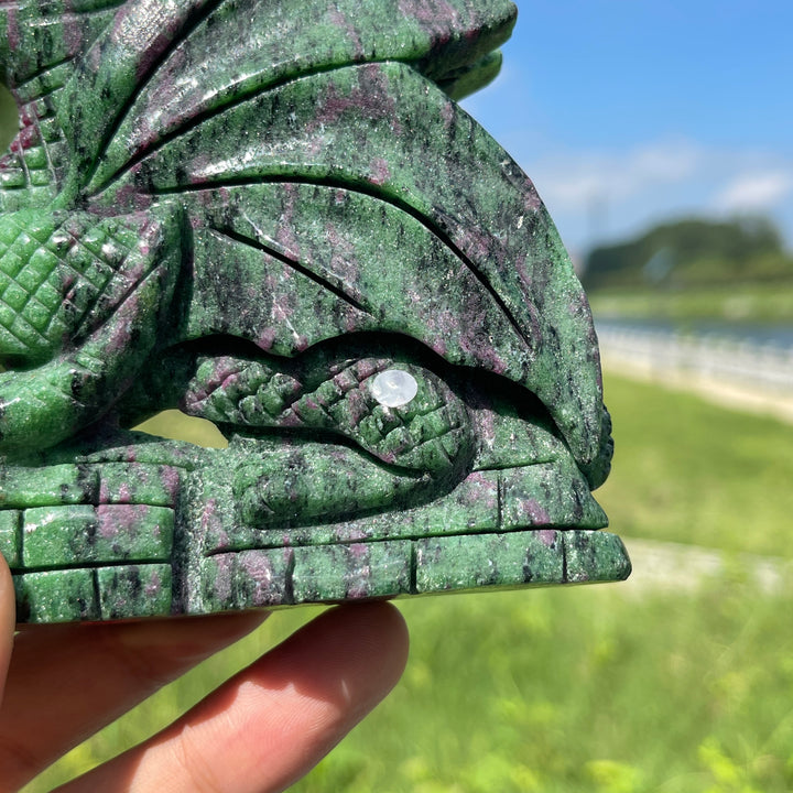 Unique,A Slightly Imperfect Natural Crystal Ruby In Zoisite Flying Dragon Carving