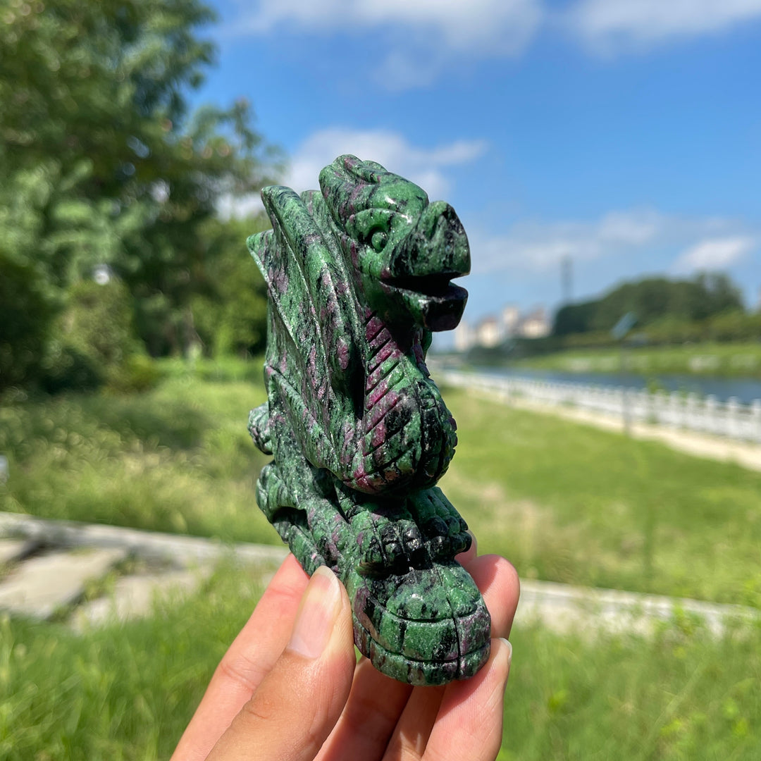Unique,A Slightly Imperfect Natural Crystal Ruby In Zoisite Flying Dragon Carving