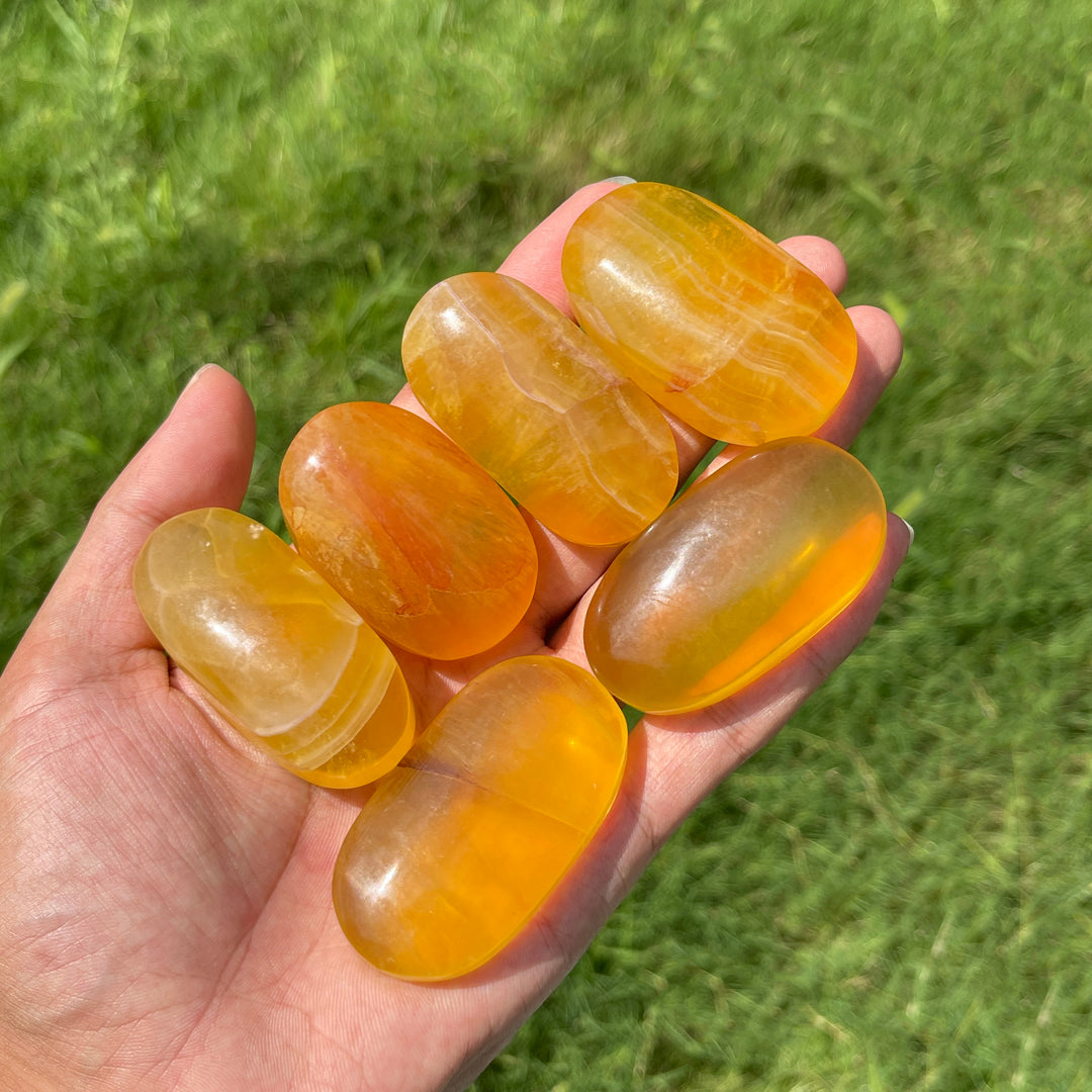 Natural Yellow Fluorite Palm Stone Crystal