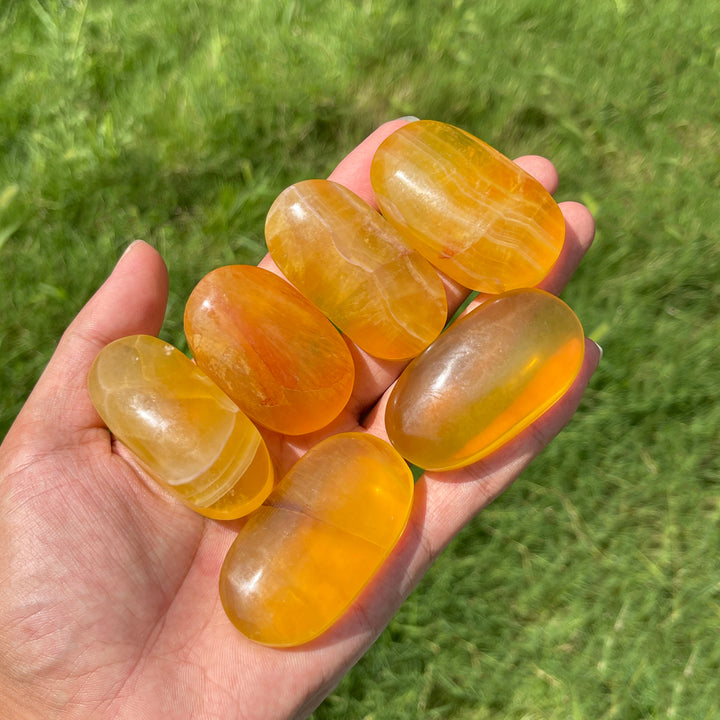 Natural Yellow Fluorite Palm Stone Crystal